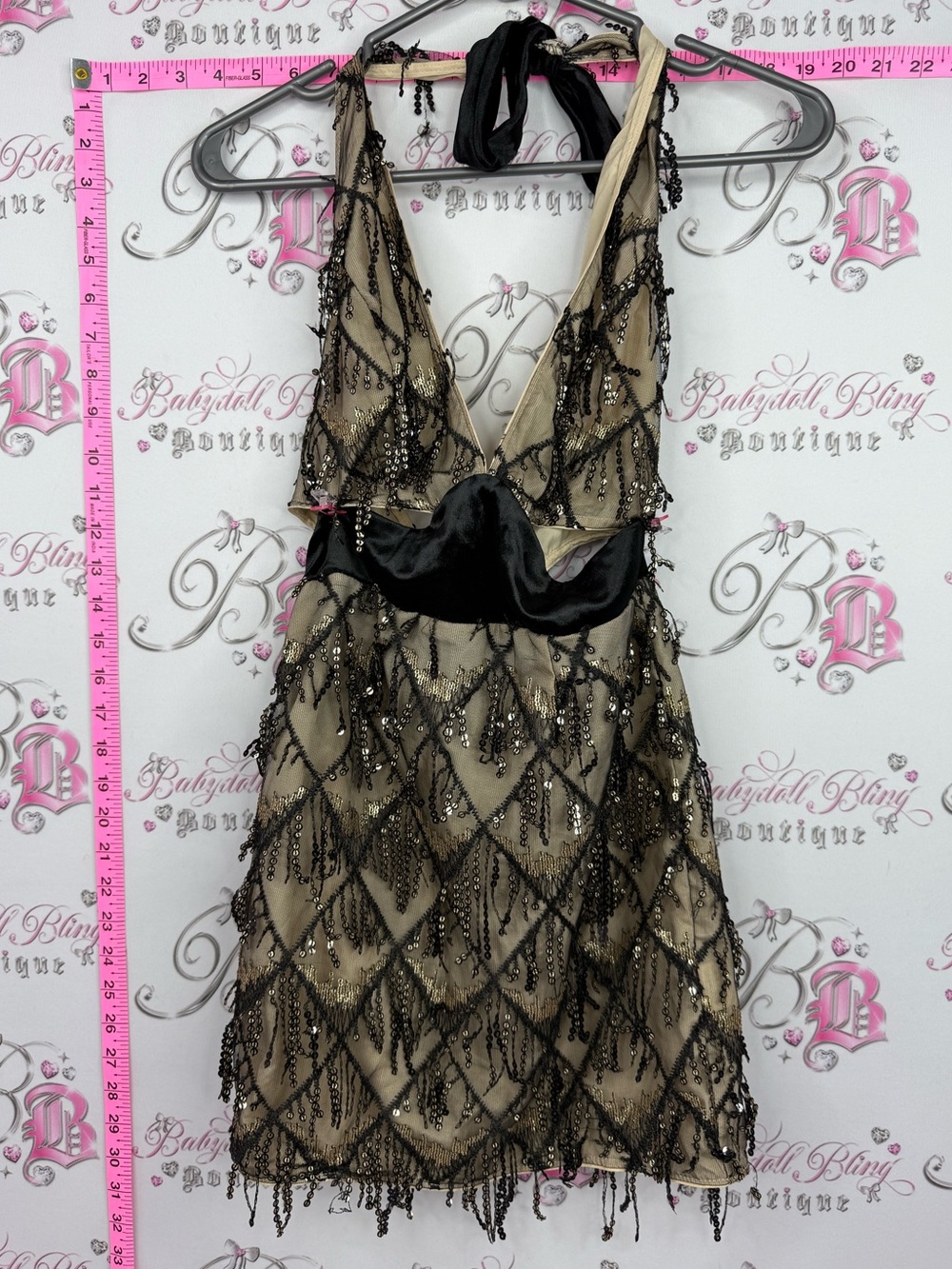SHEIN dress sequins flapper Black Beaded Halter Mini Dress with Beige Base